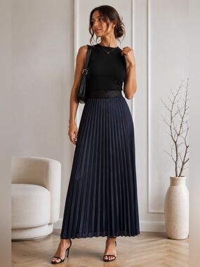 Navy Pleated Satin Maxi Skirt Quiet Luxury Minimalist